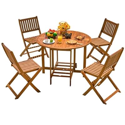 Devoko 5 PCS Patio Furniture, Patio Dining Set Acacia Wood Outdoor Table and Chairs, with 4 Folding Chairs and 37" Round Movable Table, Outdoor Dining Set for Lawn, Balcony, Garden (Light Brown)