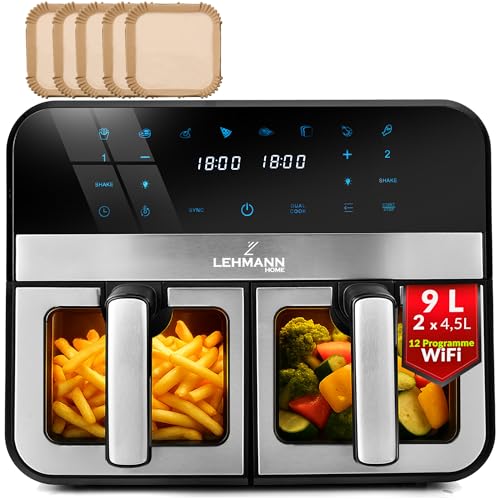 LEHMANN Heißluftfritteuse 2 Kammern mit Sichtfenster, 9L, 2400 W, AirFryer XXL mit 12 Programmen,...