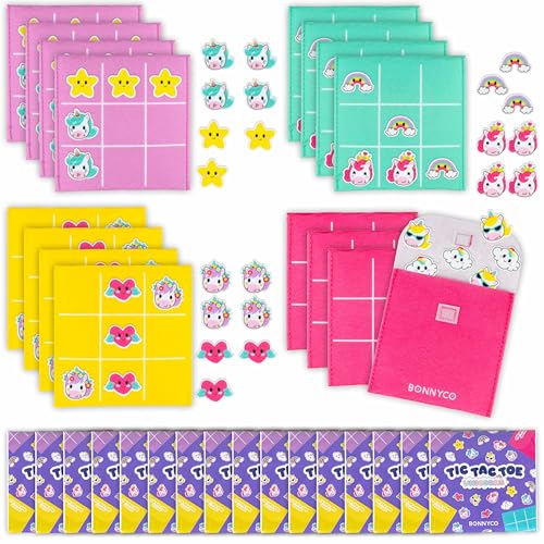 BONNYCO Tres en Raya Niños y Niñas de Unicornios, Pack 16 Regalos Cumpleaños Niños Colegio. Detalles Cumpleaños Infantil, Relleno Piñata Regalitos Invitados. Regalos Alumnos Primaria, Mini Juegos