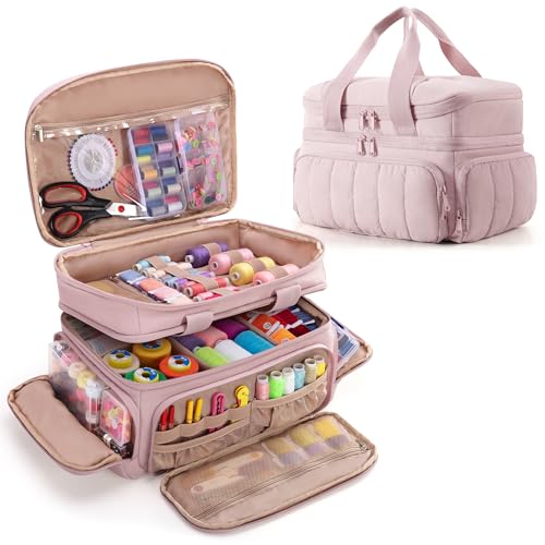 Marscamd Puffer Sewing Organizer Bag Large Capacity with Multiple Pockets and Detachable Dividers Storage Box for Threads Needles Scissors Craft Supplies Pink (Bag ONLY NO Supplies)