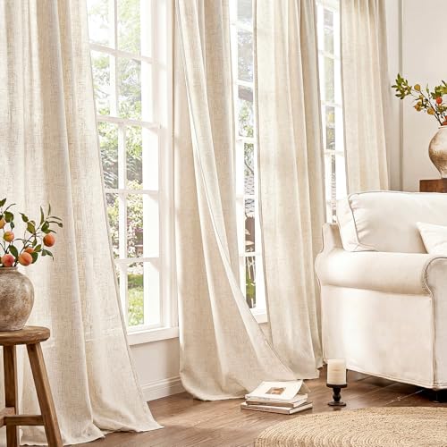 Image of jinchan Linen Curtains 90 Inch Light Filtering Grommet 2 Panels Beige