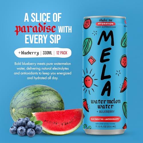 Image of Mela Watermelon Water - Watermelon Juice, 100% Natural Fruit Juice with Vitamin C, Electrolytes, Antioxidants - Coconut Water Alternative, Gluten-Free (Blueberry,11.15 fl oz, 12-pack)