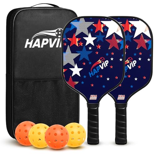 HAPVIP Pickleball Paddles Set of 2?Fiberglass Surface Pickleball Racket with Honeycomb Core, Set Includes 2 Pickleball Rackets?4 Balls ?1 Bag, for Men Women Beginners (Stars)