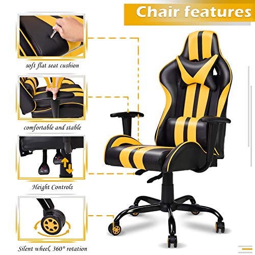 FERGHANA Video Gaming Chair,Racing Style Computer Chair,High Back Office Chair with Seat Height Adjustment,160°Recliner,Massage Lumbar Pillow and Headrest(Racing Yellow) - Thumbnail 4