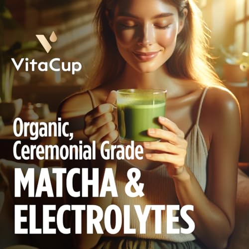 VitaCup Hydration Matcha Instant Packets, for Natural Energy and Detox, w/Electrolytes, Ceremonial Grade Organic Matcha, Coconut Water, Pink Himalayan Salt, Magnesium, in Single Serve Sticks, 10 Ct