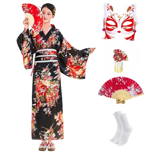 CRFASIBE 5 Pièces Kimono Japonais Femme, Motif Floral Kimono Robe, Japonais Peignoir Yukata Geisha, Déguisement Cosplay Costume Set avec Accessoires (Noir)