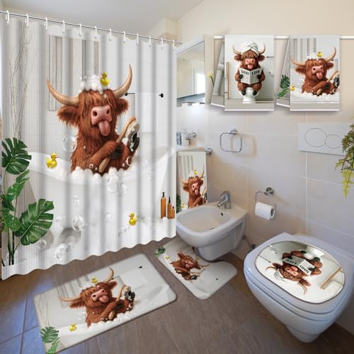 Nuanchu 6 Pcs Highland Cow Shower Curtain Set with Rug Bathroom Sets with Shower Curtain Bath Mat U Shaped Mat Toilet Lid Cover 2 Bath Towels and 12 Hooks Highland Cow Bathroom Decor