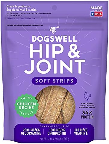 DOGSWELL Hip & Joint Dog Treats 100% Meaty, Grain Free, Glucosamine Chondroitin & Omega 3, Chicken Soft Strips 12 oz
