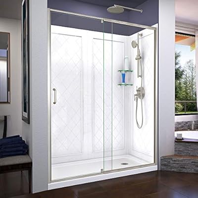 DreamLine Flex 32 in. D x 60 in. W x 76 3/4 in. H Semi-Frameless Shower Door in Brushed Nickel with Right Drain Base and Backwalls, DL-6228R-04