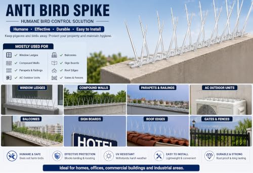 Image of BENAVJI Anti Bird Spikes for Pigeons, Pack of 5, Transparent Polycarbonate Bird Deterrent Spikes, UV Resistant & Weatherproof, Easy Install for Balcony, Window, Wall, Fence, AC Outdoor Unit