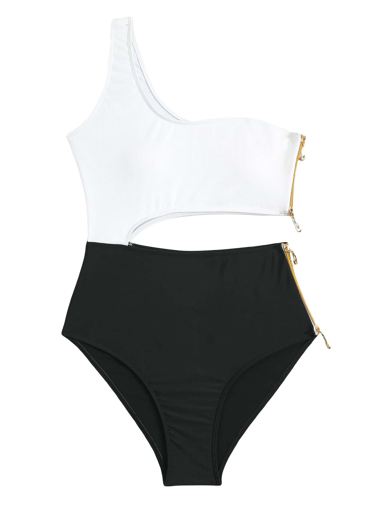 WDIRARAWomen's Color Block Cut Out One Shoulder Zip Side One Piece Swimsuit Monokini, Black and White, Small