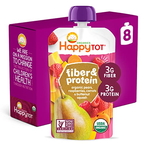 Happy Tot Organics Stage 4 Baby Food Pouches, Gluten Free, Vegan Snack, Fiber & Protein Fruit & Veggie Puree, Pears, Raspberries, Butternut Squash & Carrots, 4 Ounce (Pack Of 8) #TOP13