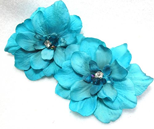 Pair of Blue Delphinium Flower Hair Clip with Crystals