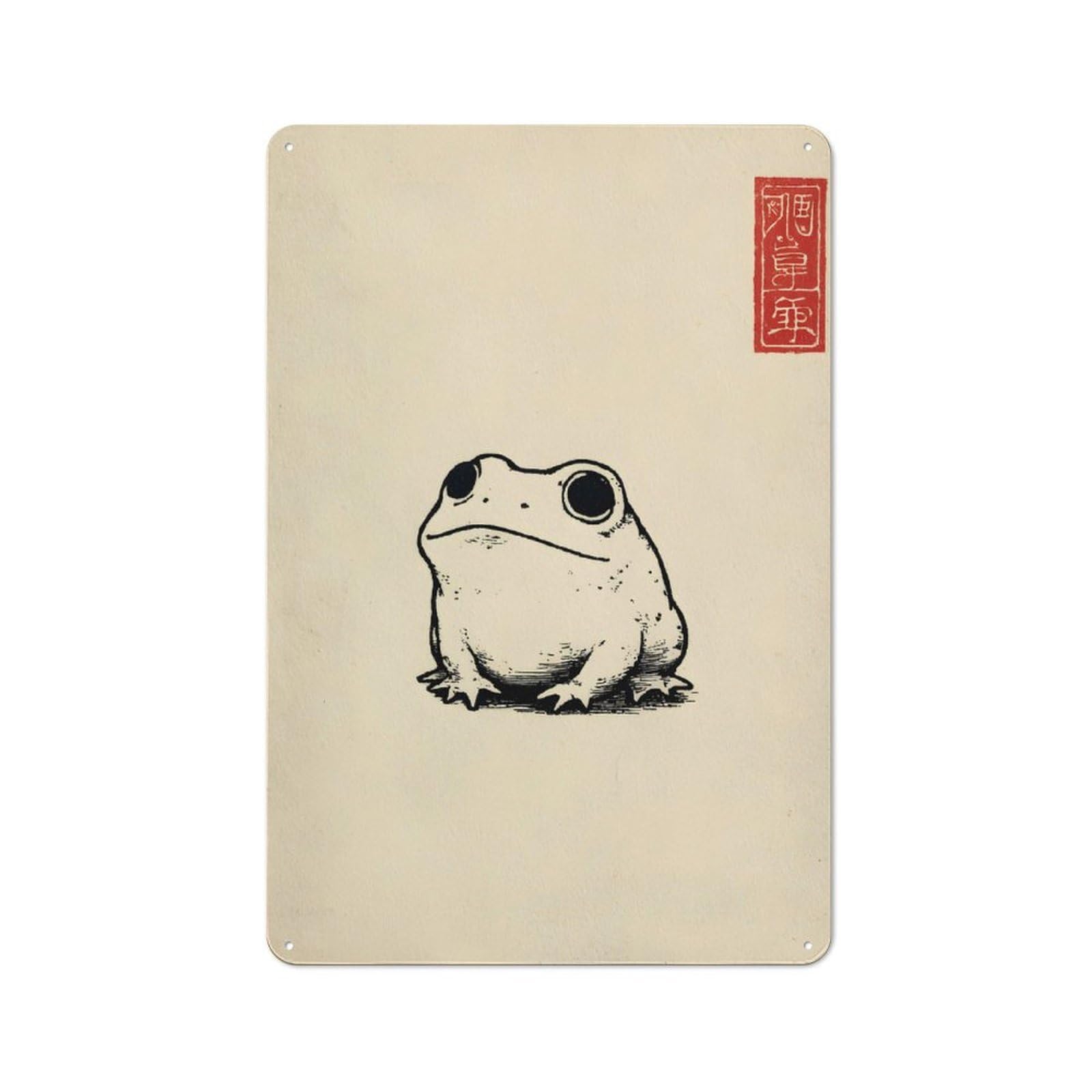 Junmoney Style-8-1 Nostalgic Decorative Tin Plaque 30X20cm Featuring Frog Illustration With Japanese Seal, Classic Pub Decor For Cafe, Pub, Workshop Or Home Bar
