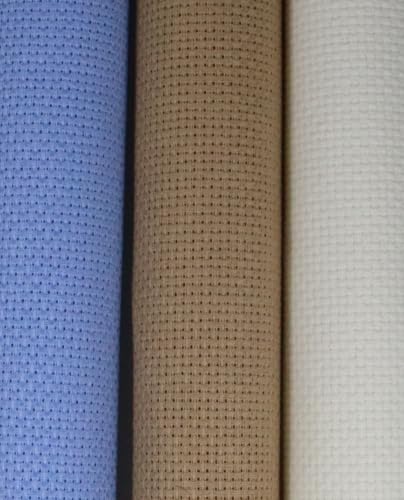Image of KCS 3 pc of 15 inch x 18 inch(38cmx45cm) 14 Count Cross Stitch Cotton Aida Cloth Needlework Rolled Fabric Box,14CT,Light Blue+Khaki+Antique White