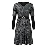 Women Sequin Dresses Long Sleeve A Line Skirt V Neck Prom Party Dress