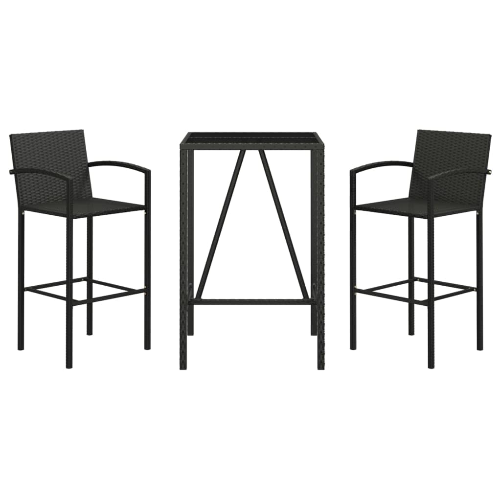 Juego de muebles de jardín de 3 piezas, polirratán, color negro, con mesa y taburetes para terraza, balcón, jardín, exterior, muebles con tablero de cristal duro, resistente a la intemperie