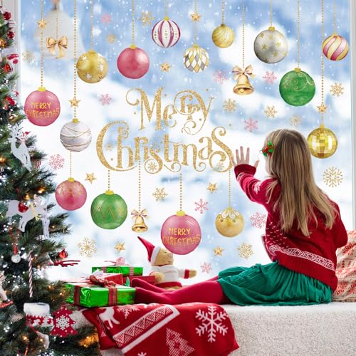 Jarthenaamcs J5020 9 Sheets Merry Christmas Window Cling Stickers Watercolor Xmas Ball Ornament Double-Sided Reusable Window Decals thumb #1