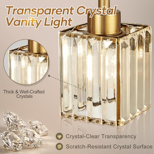 Image of Torondo Modern Crystal Bathroom Vanity Light 3-Light Brushed Gold Bathroom Light Fixtures Over Mirror Brushed Gold Vanity Lighting Fixtures Square Shade Brass Wall Sconce (Bulbs Not Include)