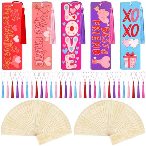 100 Pcs Valentine's Day Wood Bookmarks Bulk DIY Crafts Kit, 50 Se...