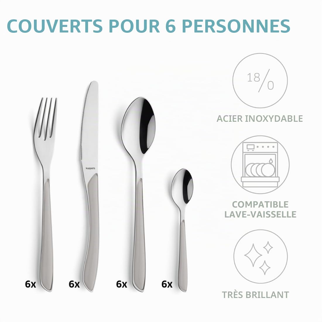 Kuppels Service de Couverts à Prisme en Acier Inoxydable Poli, Couverts 24 pièces, pour 6 Personnes, Manches en Plastique de Haute qualité en Gris Clair, Inoxydable, Lavable au Lave-Vaisselle