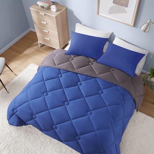 Image of Comfort Spaces Vixie 3 Piece Comforter Set All Season Reversible Goose Down Alternative Stitched Geometrical Pattern Bedding, King, Navy /Charcoal