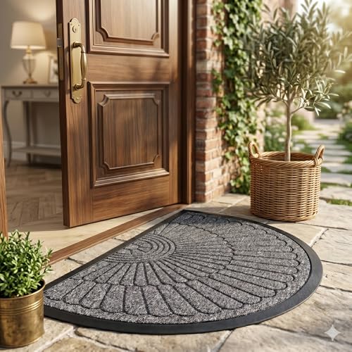 Image of Half Round Door Mat for Entryway - Non-Slip Semi Circle Welcome Mat for Front Door, Indoor Outdoor Doormat with Rubber Backing, Low Profile Dirt Trapper Rug for Porch, Garage - 45x75 cm