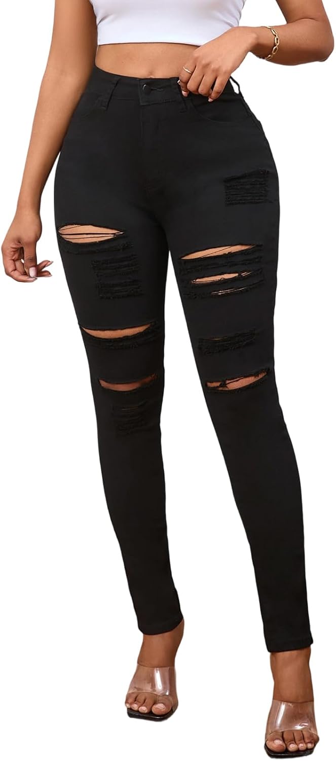 LONGBIDA Skinny Ripped Jeans for Women High Waisted Stretch Butt Lifting Jeans Slim Fit Distressed Denim Pants Jeggings Jeans