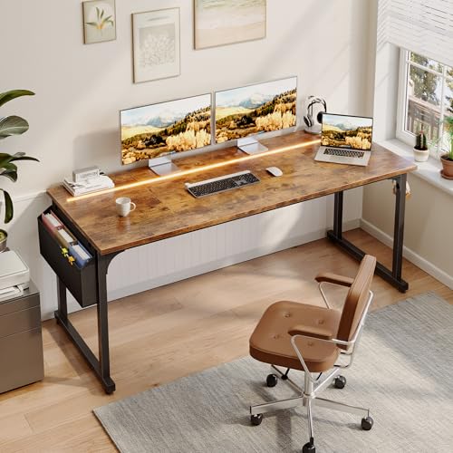 Image of DurayLoly 63 inch Home Office Desk with LED Lights,Computer Desk for 2 Monitors or 2 laptops,Spacious Under-Desktop for Study Writing Work Gaming Desk,Sturdy Metal Frame,Bedroom,Rustic Brown