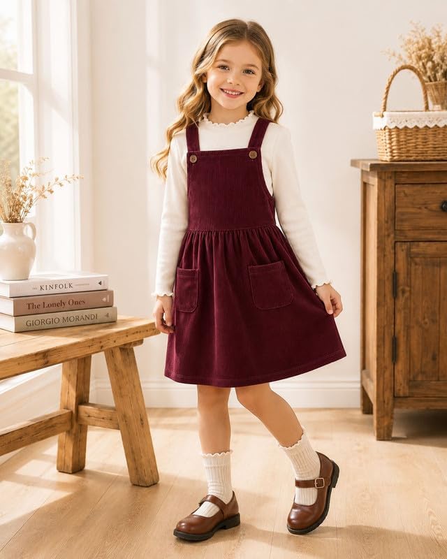 HILEELANG Girls Corduroy Jumper Dress Set 2 Piece Ribbed Long Sleeve Tee image 2