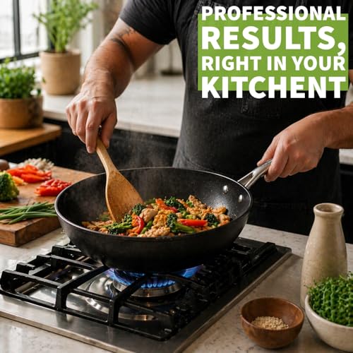 Image of TECHEF - Onyx Collection, 12 inch Nonstick Flat Bottom Wok /Stir-Fry Pan with Glass Lid, PFOA Free, Dishwasher and Oven Safe, Made in Korea