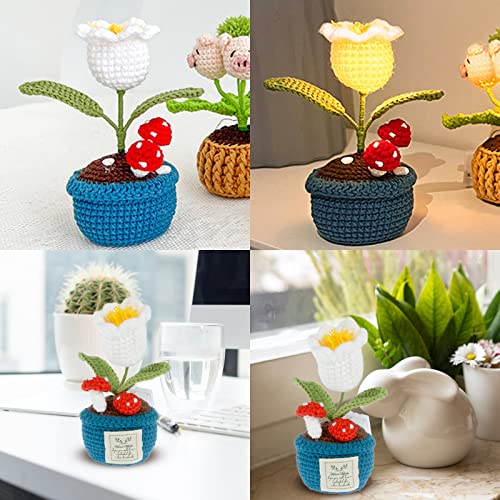 Handmade Crochet Flowers With Led Light, Decoration Crochet Bellflower Mini Knitted Fake Flower Simulation Immortal Flower Plants Table Shelf Decor For Gift Home Decoration (Bellflower Mushroom) #TOP1