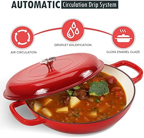 Cast Iron Casserole Braiser, 3.8 Quart Enameled Cast Iron Dutch Oven Pan with Lid, Heavy Duty and Dual Handles Skillet, Oven-Safe Porcelain Surface Casserole Dish - Thumbnail 5