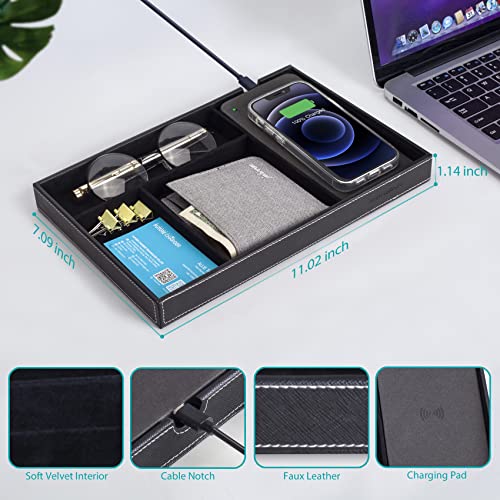 Valet Tray with Wireless Charger, Faux Leather Nightstand Tray, Mens Organizer, Catch-All Tray for Entryway Table Key, Wallet, Watch, Coin Change, Phone (Black) - Thumbnail 6