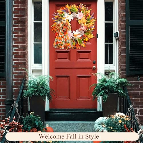 24" Fall Wreaths for Front Door Outside, Autumn Thanksgiving Harvest Wreath with Pumpkins Dahlias Pinecones & Bow Farmhouse Decoration for Porch Wall Indoor