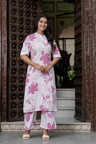 Image of Women's Floral Print Rayon Kurta Palazzo, Round Neck Half Sleeve, Regular Fit, Ethnic Casual Wear