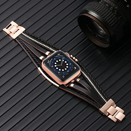 Wonmille Posh Leather Bands Compatible With Apple Watch 45Mm 44Mm 42Mm 49Mm Women, Boho Bracelets Jewelry Multilayer Wrap Strap For Iwatch Series Se 8 7 6 5 4 3 2 1 (Black/Rose Gold, 42Mm/44Mm/45Mm) #TOP3