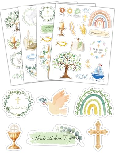 16 Bögen Sticker Set zur Kommunion, Konfirmation Taufe Firmung & Erstkommunion, Aufkleber als Deko Geschenk für Gästebuch, Fotoalbum, Scrapbook, Erinnerungsbuch & Karten – Für Mädchen und Jungen