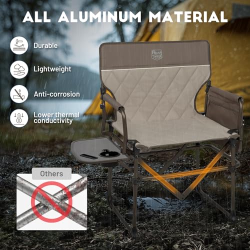 Image of Timber Ridge Aluminum Camping Directors Chair with Side Table Pocket, Portable Folding Heavy Duty Lawn Chair for Fishing Trip Picnic Concert Outdoor 400lbs, Tan