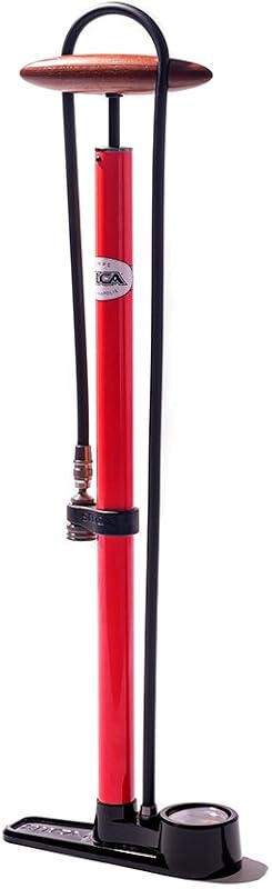 SILCA Pista Floor Pump Red with Black Single Sided Base and SILCA Presta Chuck and Threaded Schrader Chuck | Bicycle pump, accuracy within 2%, presta and Schrader chuck, travel lay flat design, single foot base, high pressure gauge