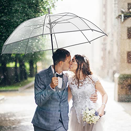 12 Pack Clear Umbrella Wedding Style Stick Umbrellas Large Canopy Windproof Transparent Stick Umbrellas Wedding Rain Transparent Umbrellas Bulk Auto Open J Hook Handle (Gray Edge Black Handle) #TOP5