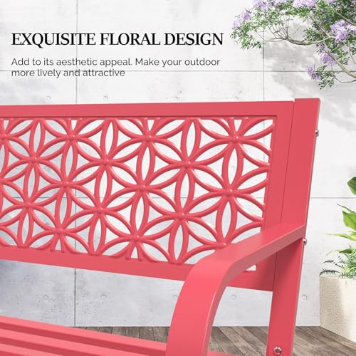 Image of VINGLI 50 inch Outdoor Bench Metal with Floral Back, Garden Bench Front Porch Bench for Yard Patio Entryway Park Outside, 800lb Capacity - Pink