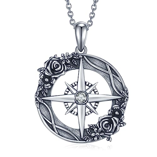 Cvravo Compass Necklace 925 Sterling Silver Rose Compass Pendant Necklace Graduation Friendship Talisman Travel Necklace Inspirational Jewelry Gifts For Women Girls #TOP19