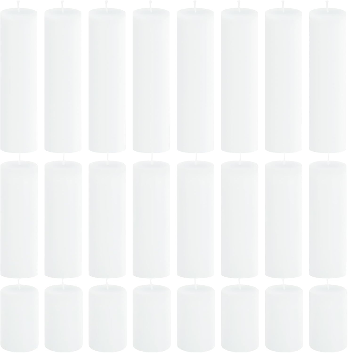 24-Pack White Unscented Pillar Candle Set - 2x3, 2x6, 2x8-inch Long-Burning Drip-Free Tapers, 8 Per Size. Ideal for Home Decor, Weddings, Emergencies, and Holidays.