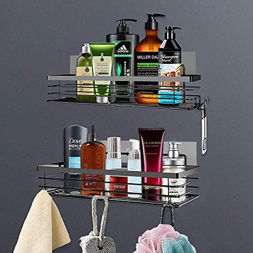Orimade Shower Caddy with 5 Hooks for Hanging Razor and Sponge Adhesive Shower Shelf Bathroom Accessories Organiser Storage Kitchen Rack Rustproof No Drilling Stainless Steel - 2 Pack (Black)