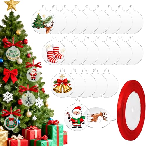 24 Bolas de Navidad de Acrílico Transparente con Cinta, Bolas Planas Aptos para Manualidades, Tapices para Árboles de Navidad