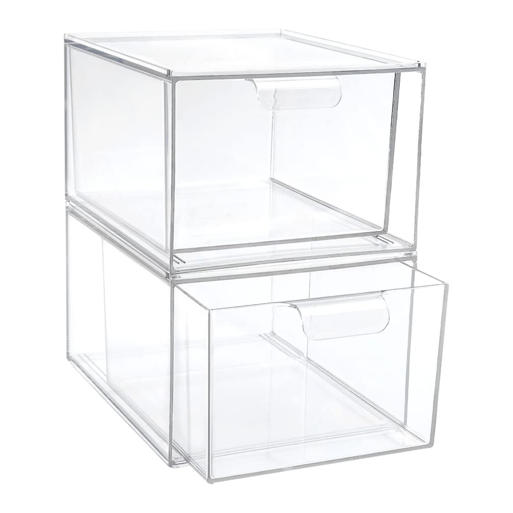2 cajones organizadores de maquillaje acrílicos apilables – Almacenamiento transparente de cosméticos para tocador, suministros de oficina, baño y hogar – Solución versátil de almacenamiento de