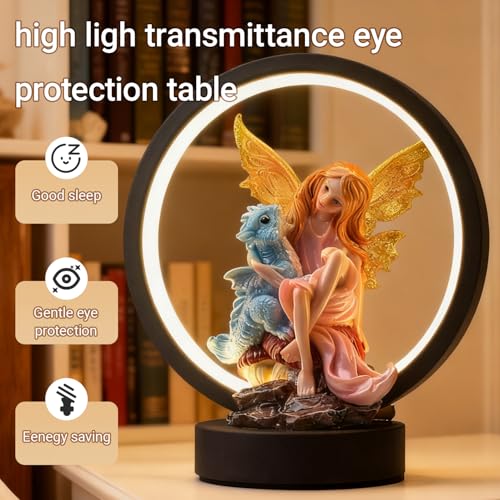 Hmusnwol Fairy Dragon Figurine Lamp - Fairy Collection Pixie Statue with 6.15 inch LED Circle Table Lamp for Gifts,Fantasy/Bedroom/Bookshelf/Desk Decoration — view 3