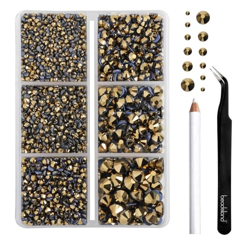 Image of BEADSLAND Hotfix Rhinestones, 4000 PCS Aurum Rhinestones for Clothes Crafts Mixed 6 Sizes with Wax Pencil and Tweezers Kit, SS6-SS30, Aurum