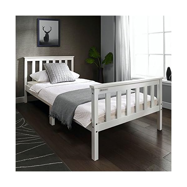 Single 3ft Wooden Bed Frame in WHITE & PINE Solid European Wood for Adult Kids Child or Children